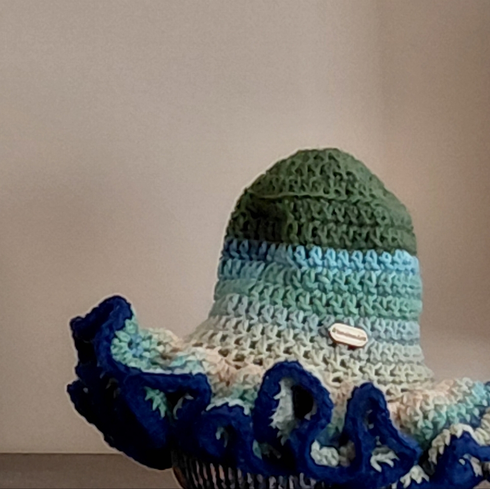 Blue/Multicolor Crochet Hat with Ruffled Brim - Picture 4 of 6